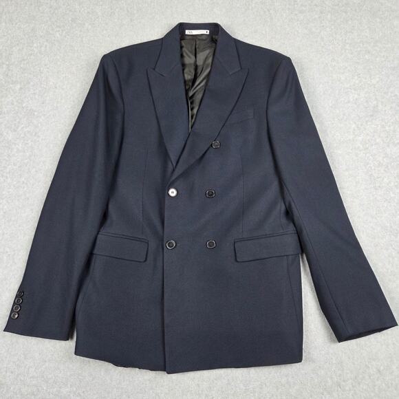 Zara Mens 42 Double Breasted Blazer Navy Blue Suit Jacket Sport Coat - Picture 4 of 13